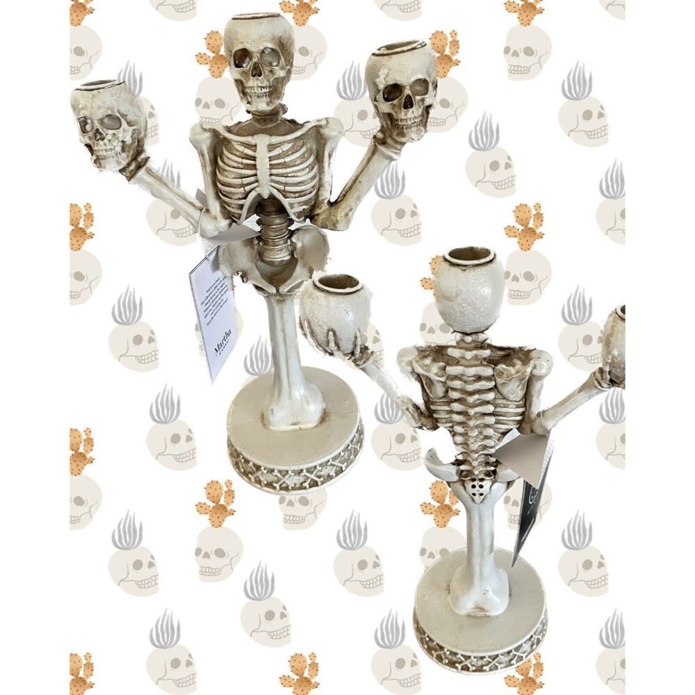 Martha Stewart Vanilla Full Body Skeleton 3 Skull Candelabra Taper Candle Holder